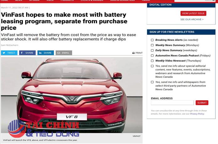 Tuần báo ô tố số 1 Bắc Mỹ đánh giá gì về chính sách thuê pin của hãng xe Việt VinFast?