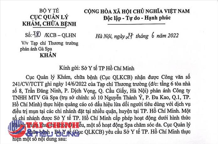 Cục Quản lý Khám, chữa bệnh yêu cầu Sở Y tế TP.HCM xác minh làm rõ sự việc được Tạp chí Thương Trường phản ánh về Gà Spa
